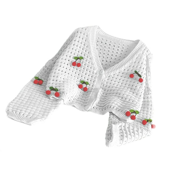 Hollowed Knit Cropped Sweater Cardigan with Cherries Accent for Women Long Sleeve V Neck Button Up Knitwear Outerwear