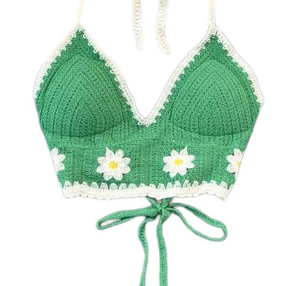 Hollowed Out Crocheted Beach Bikini Bras Vests for Women Bohemian Knitted Flower Halterneck Backless Crop Top Camisole