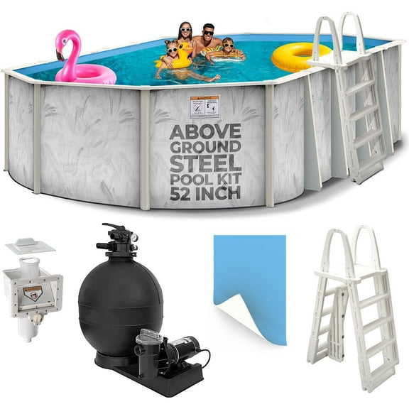 Hollowell Industries - Manufacturers of Doughboy Pools, 18 x 33 Oval Steel Wall Above Ground Swimming Pool with Pool Liner, Sand Filter, Pump and Skimmer, Brush Stroke Pattern - Made in USA