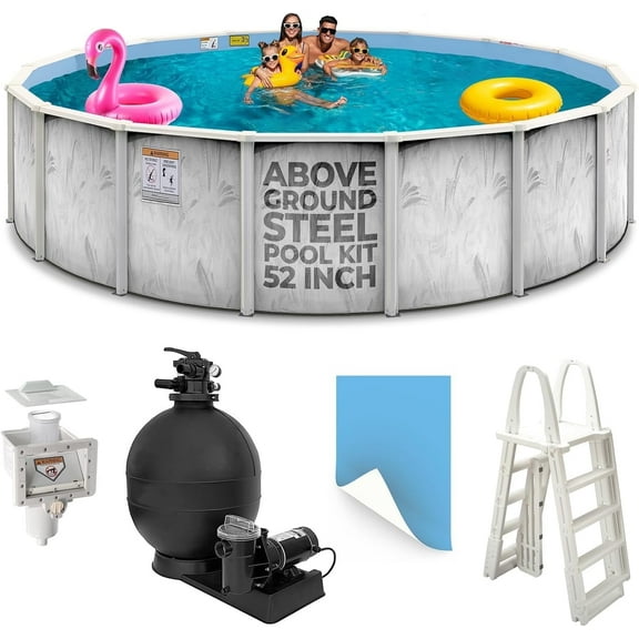 Hollowell Industries - Manufacturers of Doughboy Pools, 24' x 52" Steel Wall Above Ground Swimming Pool with Pool Liner, Sand Filter, Pump and Skimmer, Brush Stroke Pattern - Made in USA
