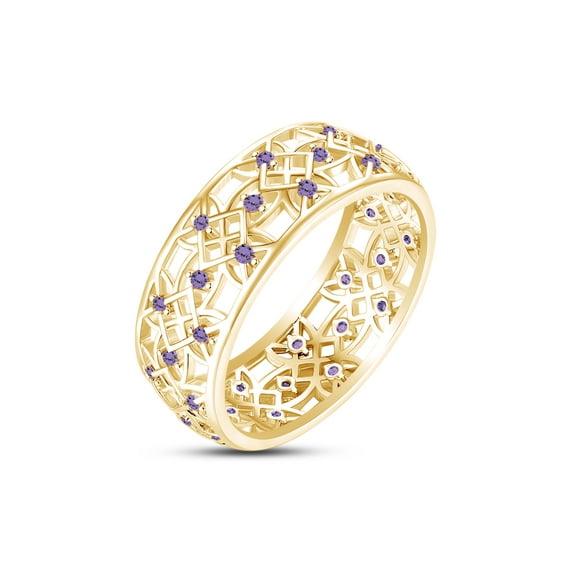 AFFY Round Simulated Alexandrite Hollowing Flower Ring for Women 14K Yellow Gold over Silver-13.5