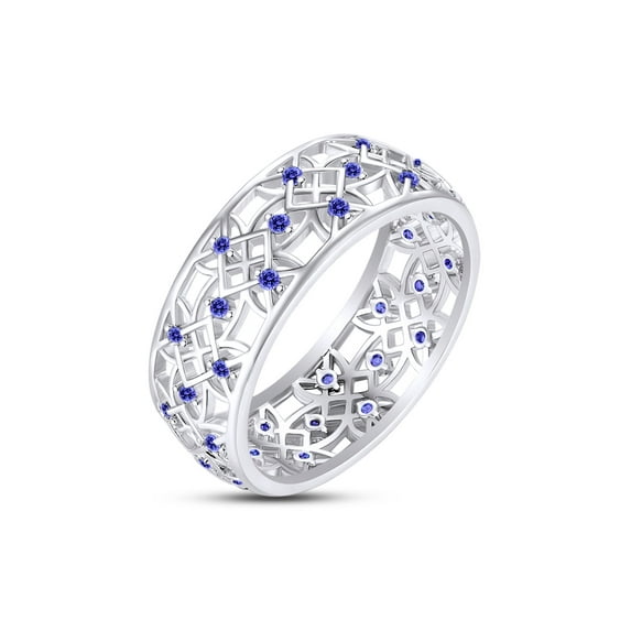 AFFY Round Simulated Blue Sapphire Hollowing Flower Ring for Women 14K White Gold over Silver-5.5