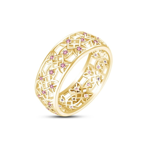 AFFY Round Simulated Pink Tourmaline Hollowing Flower Ring for Women 14K Yellow Gold over Silver-10.5