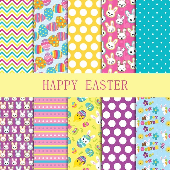 Holloyiver 10 Pieces Easter Day Fabric, 10 x 10 Inch Egg Rabbit Chick Printed Fabric Easter Sewing Quilting Fabric DIY Easter Themed Patchwork Bundles for Sewing Handicrafts Decorations