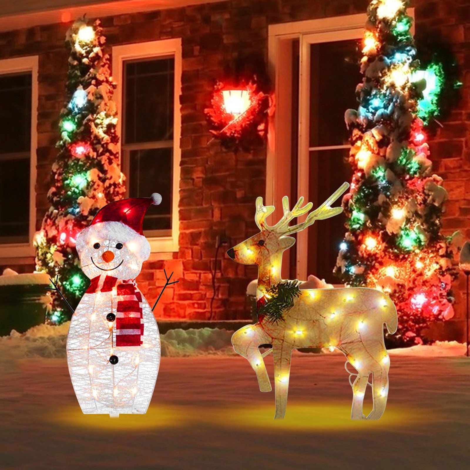 Holloyiver 12.6in Christmas Deer Set Decoration for Outdoor Yard With Snowman Lighted up Christmas Reindeer Snowman Outdoor Decor for Christmas Tree