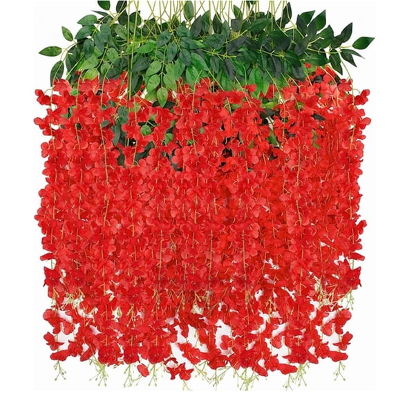 Holloyiver 12pcs Artificial Wisteria Flowers, 3.6 Feet/Piece Red Dense Artificial Fake Wisteria Vine Ratta Hanging Garland Silk Flowers String for Home Party Wedding Decor
