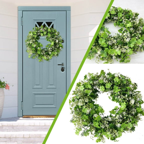 Holloyiver 16.5" St Patricks Day Wreath Decorations, Green Leaves White Flower Clover Wreath, Artificial Green Leaves for Front Door, Home, Wall, Porch, Party Supplies