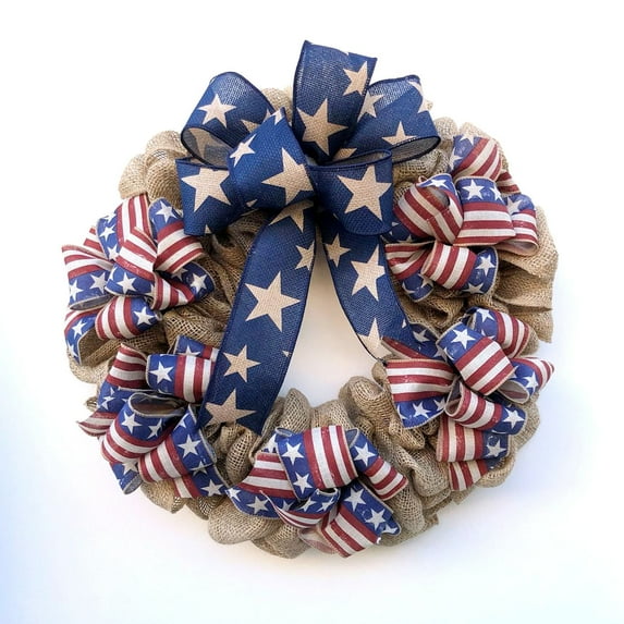Harlier 18-Inch Rustic Red White and Blue Patriotic Burlap Fabric American Flag Print Front Door Wreath, Decorative Country Americana Decoration, Indoor Outdoor 4th of July Home Decor