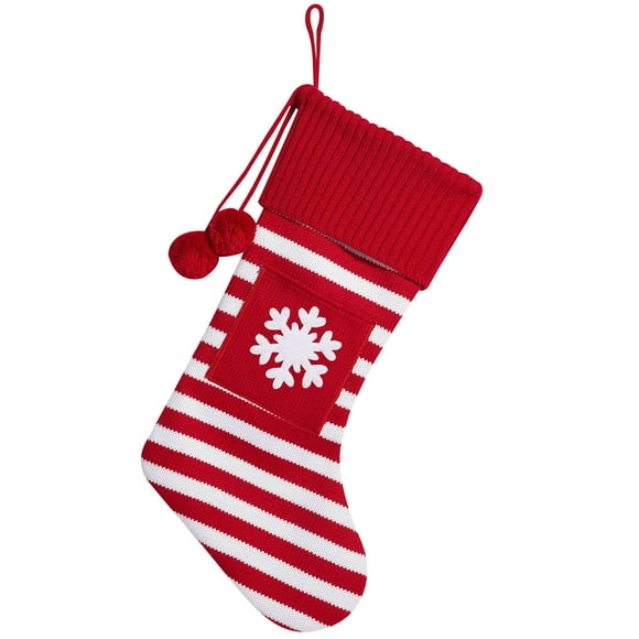 Holloyiver 20 Inches Snowflake Embroidered Christmas Stocking, Striped Knitted Christmas Decorations Stocking Red and White, Stockings for Family Holiday and Xmas Tree Fireplace Decor