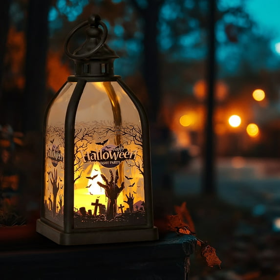 Holloyiver 2025 New Halloween Decor Black Gothic Lantern Lights,Halloween Portable Lantern Orange LED Indoor and Outdoor Decorative Lights for Indoor Outdoor Table Decorations