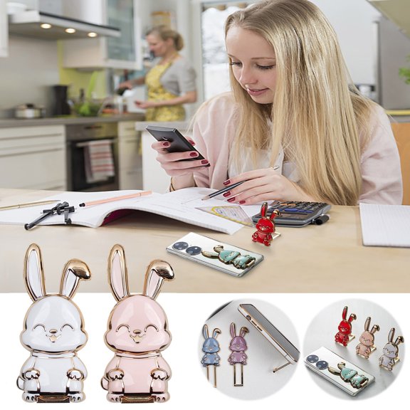 Holloyiver 2PCS Rabbit Phone Ring Holder Kickstand, ABS Electroplate Phone Back Grip Bunny Phone Hidden Stand Compatible with Most Smartphones