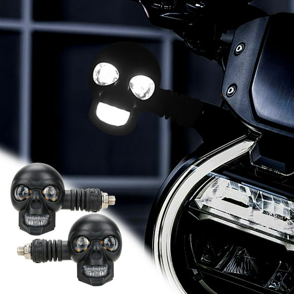 Holloyiver 2pc Skull Head LED Turn Signals for Motorcycles,Dual Mode Daytime Running & Amber Turn Indicators – Waterproof, Shockproof, Universal 12V Fit for Chopper, Street Bike, Scooter, E-Bike 