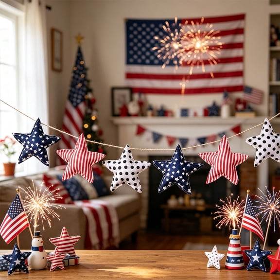 Holloyiver 3.9ft Vintage Patriotic Star Garland, Red White Blue Independence Day Stuffed Star Banner, 250th Anniversary 4th of July Decorations, for Mantel, Fireplace, Indoor Outdoor, Memorial Day