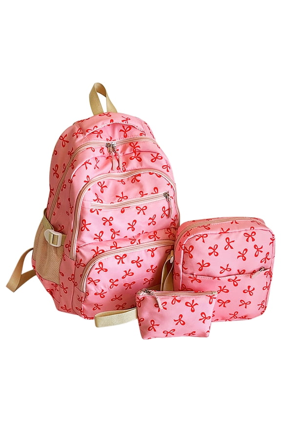 3 Pcs Bow Backpack For Women,Cute Kawaii Preppy Backpacks for Women with Lunch Bag & Pencil Pouch,Bow Pattern Ribbon Print Sweet Style Pink Backpack for College Aesthetic Bag