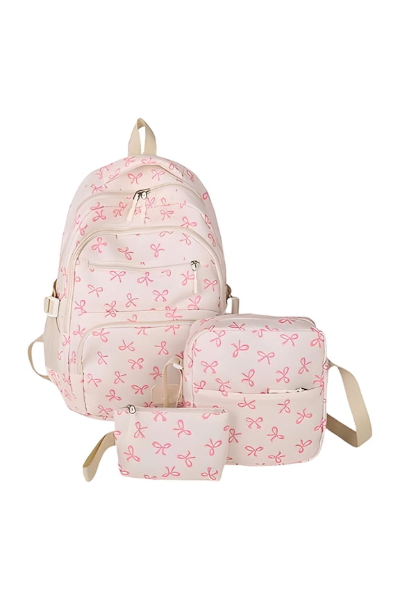 3 Pcs Bow Backpack For Women,Cute Kawaii Preppy Backpacks for Women with Lunch Bag & Pencil Pouch,Bow Pattern Ribbon Print Sweet Style Pink Backpack for College Aesthetic Bag