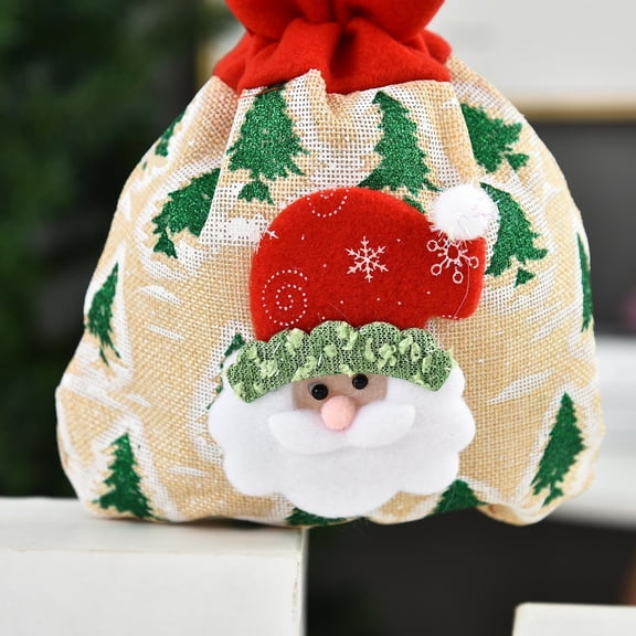 Holloyiver 3D Christmas Linen Bags with Drawstrings Christmas Burlap Goody Gift Bags with Double Drawstrings, 4 designs Snowman, Santa Claus, polar bear and Elk