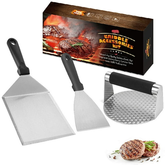 Harlier 3PCS Griddle Accessories Kit, Stainless Steel Griddle Tools Set, Outdoor Flat Top Grill Accessories, Include Bacon Press, Metal Spatulas, Scrapers, for Outdoor BBQ, Teppanyaki