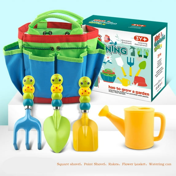 Holloyiver 5 PCS Kids Gardening Tool Set, Shovel Rake Fork Trowel Gloves Watering Can and Tote Bag, Toddler Gardening Tools for Kids Best Outdoor Toys Gift for Boys and Girls