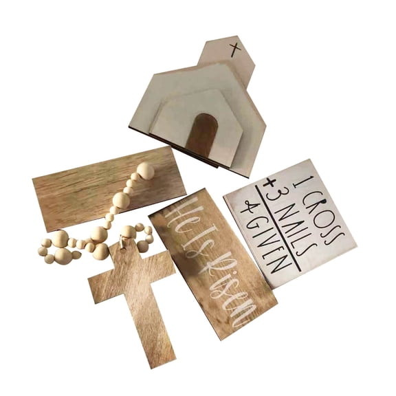 Holloyiver 5 Pcs Jesus Tomb Easter Tray Bundle Kit, Wooden Easter Jesus Sign He Is Risen Resurrection Scene Nativity Christ Statue Farmhouse Easter Tiered Tray Decor for Home Church Table