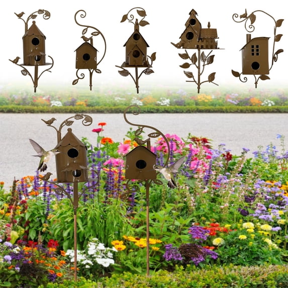 Holloyiver 5PCS Birdhouse Garden Stakes - Metal Bird House Garden Stake, Metal Bird House with Pole, Birdhouses Decorative Stake for Outdoor Garden Courtyard Backyard Patio Decor for Hummingbirds