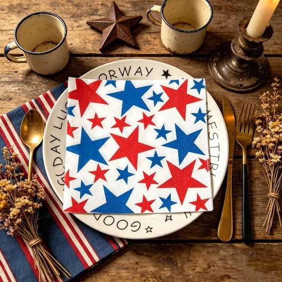 Holloyiver 60Count Patriotic Paper Napkins - Red and Blue Star Cocktail Napkins for Independence Day Decorations, 4th of July Disposable Luncheon Dinner Napkins for Memorial Day, Picnic Supplies