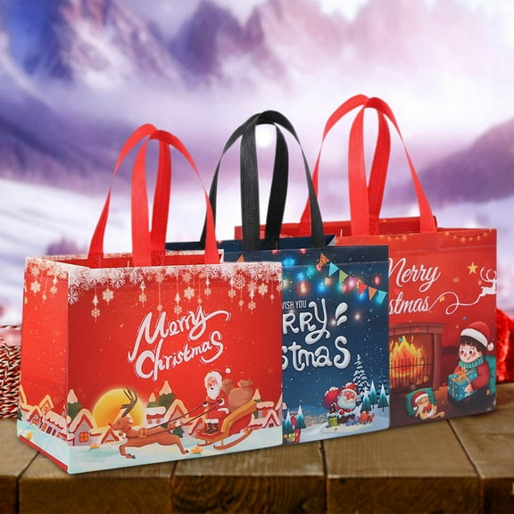 Holloyiver 6PCS Christmas Tote Bags With Handles, Christmas Reusable Grocery Bags Multipurpose Non-woven Large Gift Bag Grocery Shopping Bags For Holiday Christmas Party