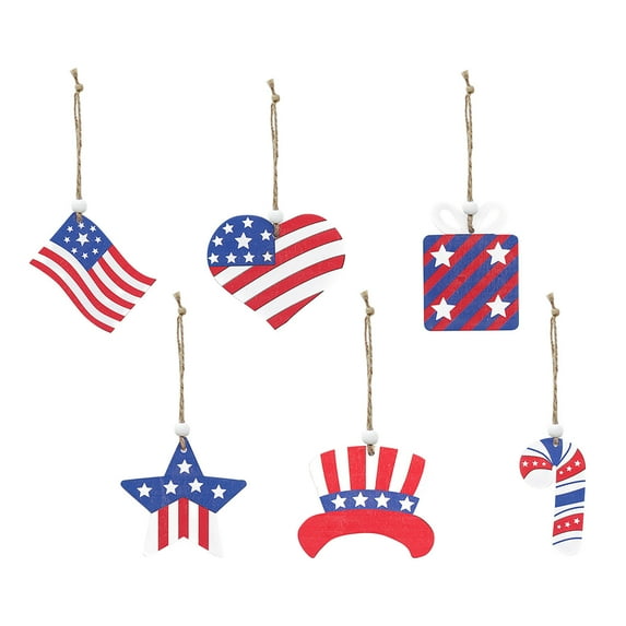 Holloyiver 6PCS Patriotic Hanging Ornaments for Tree, 4th of July Independence Day Wooden Ornaments with Ropes, USA Flag Stipe Red White and Blue Decorations Memorial Day