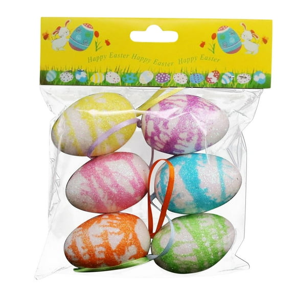 Holloyiver 6Pcs Glitter Easter Egg Ornaments, Colorful Decorative Easter Egg Foam Egg Tree Hanging Ornaments DIY Craft for Easter Home Office Party Decor, 2.4 x 1.6 Inch