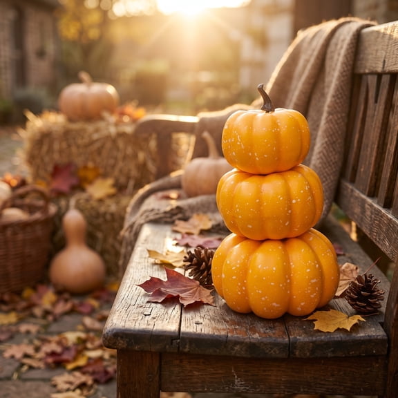 Holloyiver 7.84 Inch Stacked Resin Pumpkin Decor, 3 Layers Halloween Artificial Fake Pumpkin Tower, Halloween Autumn Decoration for Outdoor Indoor Porch Home Party