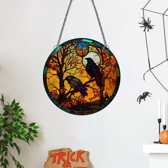 Holloyiver 8 Inch Crows Stained Acrylic Window Hanging with Chains and Hook - Black Crow Theme Acrylic Window Hanging, Stained Glass Window Hanging for Indoor Outdoor Decor