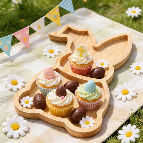Holloyiver ABC 12.2 Inch Easter Bunny Shaped Wooden Serving Tray, 2-Compartment Natural Wood Platter for Snacks Eggs Spring Easter Decor (Yellow)