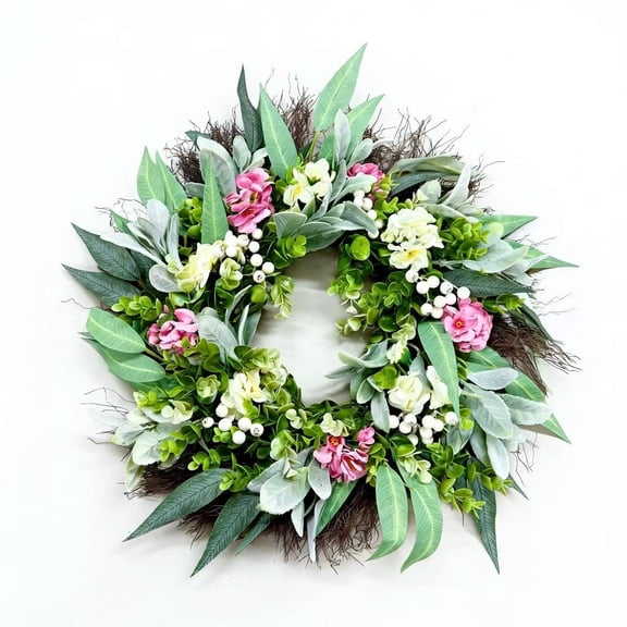 Holloyiver ABC 50cm Spring Floral Rattan Wreath with Lamb's Ear Flowers, Simulated Flower Wreath for Home Living Room Balcony Front Door Decor