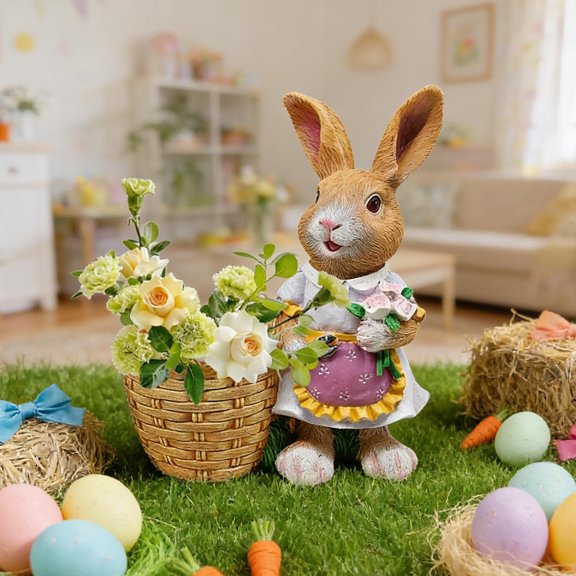 Holloyiver ABC 9.84 Inch Resin Rabbit Flower Pot Ornament, Easter Bunny Garden Statue for Courtyard Patio Micro Bonsai Home Decor (Blue, Pink)