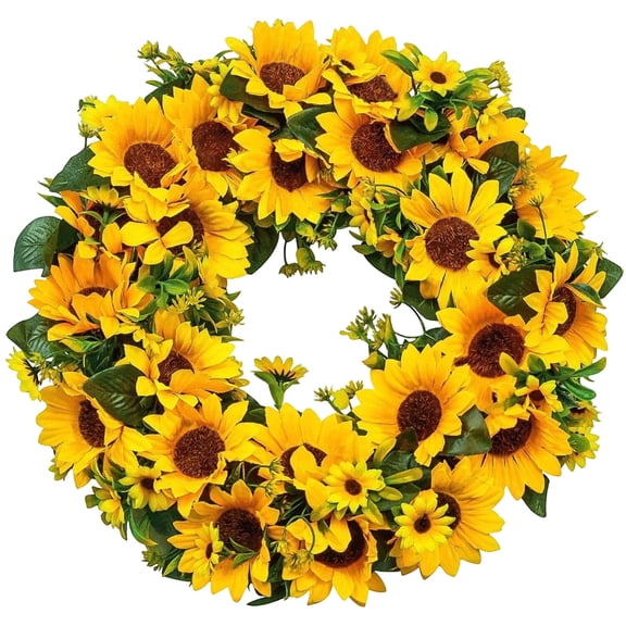Holloyiver ABC Artificial Sunflower Wreath, Simulated Floral Ring Vine Wreath for Front Door Window Hanging Decoration