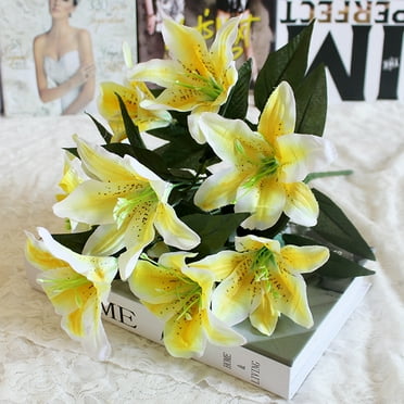 Holloyiver Artificial Lily Flowers, Yellow Fake Lily with Long Stem Realistic Silk Fake Flowers, Artificial Spring Flowers for Home Decor Wedding Floral Arrangement (10 Heads)