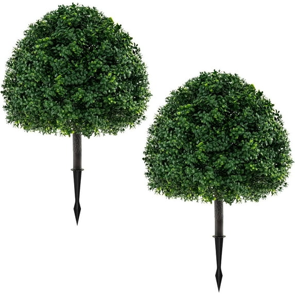 Holloyiver Artificial Topiary Ball Tree Set of 2,Artificial Boxwood Topiary Ball Bush for Outdoor with Spike,Weatherproof Fake Round Topiary Shrub Plant for Front Porch Planter for Home Office