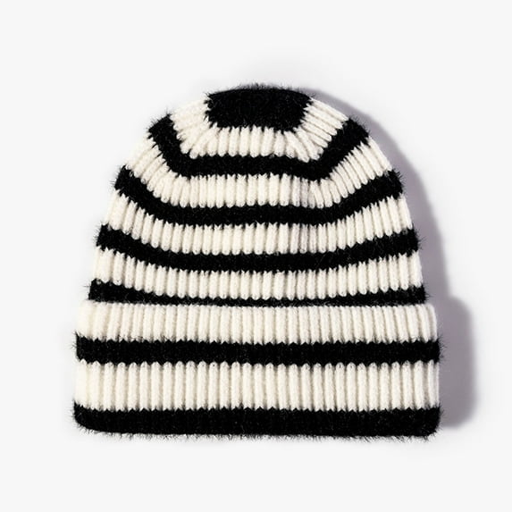 Holloyiver Autumn And Winter Knitted Hats For Men And Women Fashion Striped Curled Edgeless Cold Hat Women's Outdoor Warmth Thick Woolen Hat