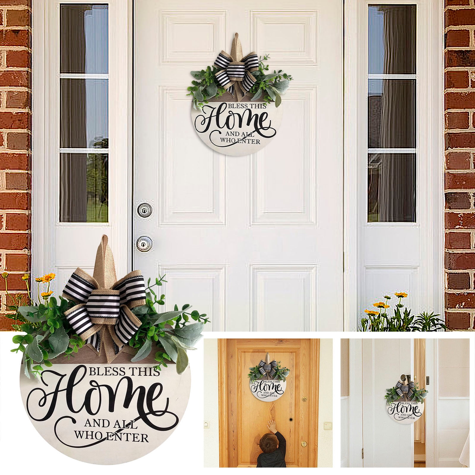 Holloyiver Bless This Home Wooden Door Sign Hanging, Welcome Porch Wall Sign with Bow-knot Wreath, Bless This Home And Who Enter Sign Housewarming Gift for Kitchen/Entryway/Porch/Front Door