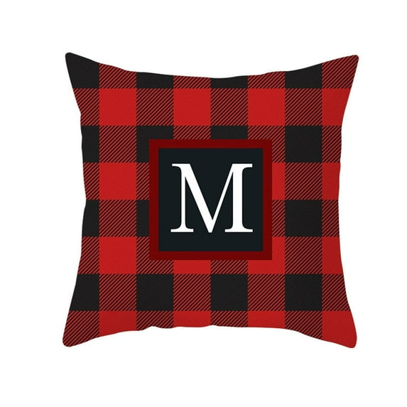 Holloyiver Buffalo Checkered Plaid Pillow Cover With Initial, 18 × 18 Inch Classic Tartan Linen Throw Pillow Covers Red Black Plaid Cushion Case for Sofa Bedroom Car Decor