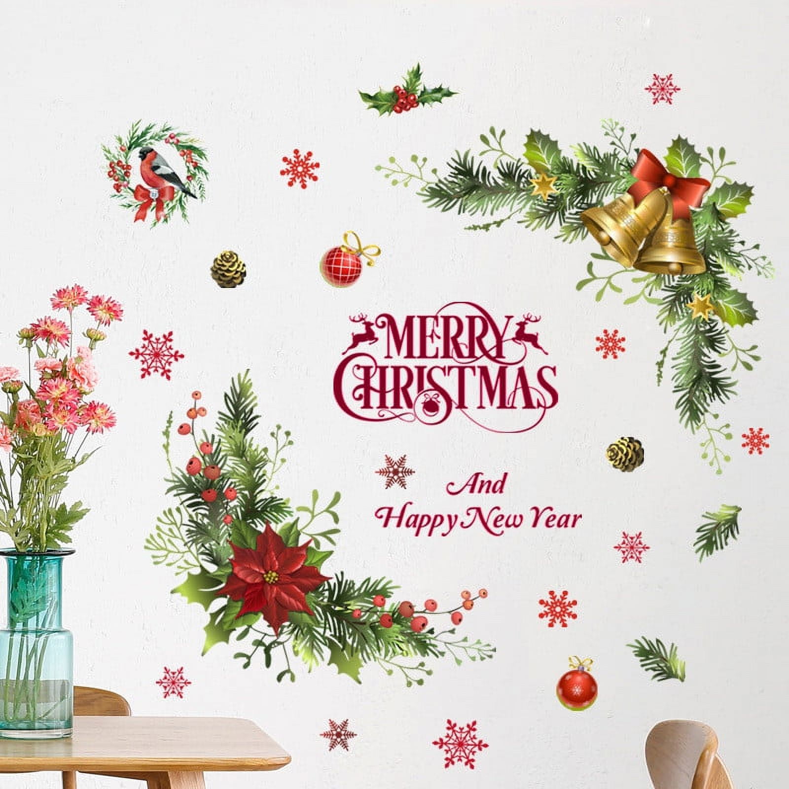 Holloyiver Christmas Decal Stickers, Wall Decals for New Year Merry Christmas Wreath Vinyl Wall Art Decals Decor, Removable Modern for Christmas Party Home Window Decor 25''x25''