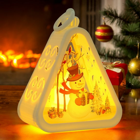 Holloyiver Christmas Mini Lantern Decorative with LED Night Light, 4.5 Inch Hanging Table Centerpiece Vintage Lantern Ornament with Snowman Santa Tree ReinDuck Pattern for Xmas Party Decor