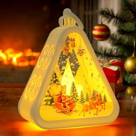 Holloyiver Christmas Mini Lantern Decorative with LED Night Light, 4.5 Inch Hanging Table Centerpiece Vintage Lantern Ornament with Snowman Santa Tree ReinDuck Pattern for Xmas Party Decor