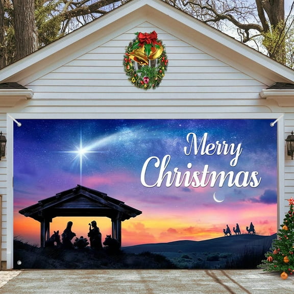 Holloyiver Christmas Nativity Garage Door Banner 6.5x4.9 ft, Large Christmas Garage Door Decorations, The Season Backdrop Background for Photo Holy Nativity Christmas Party Outdoor Banner
