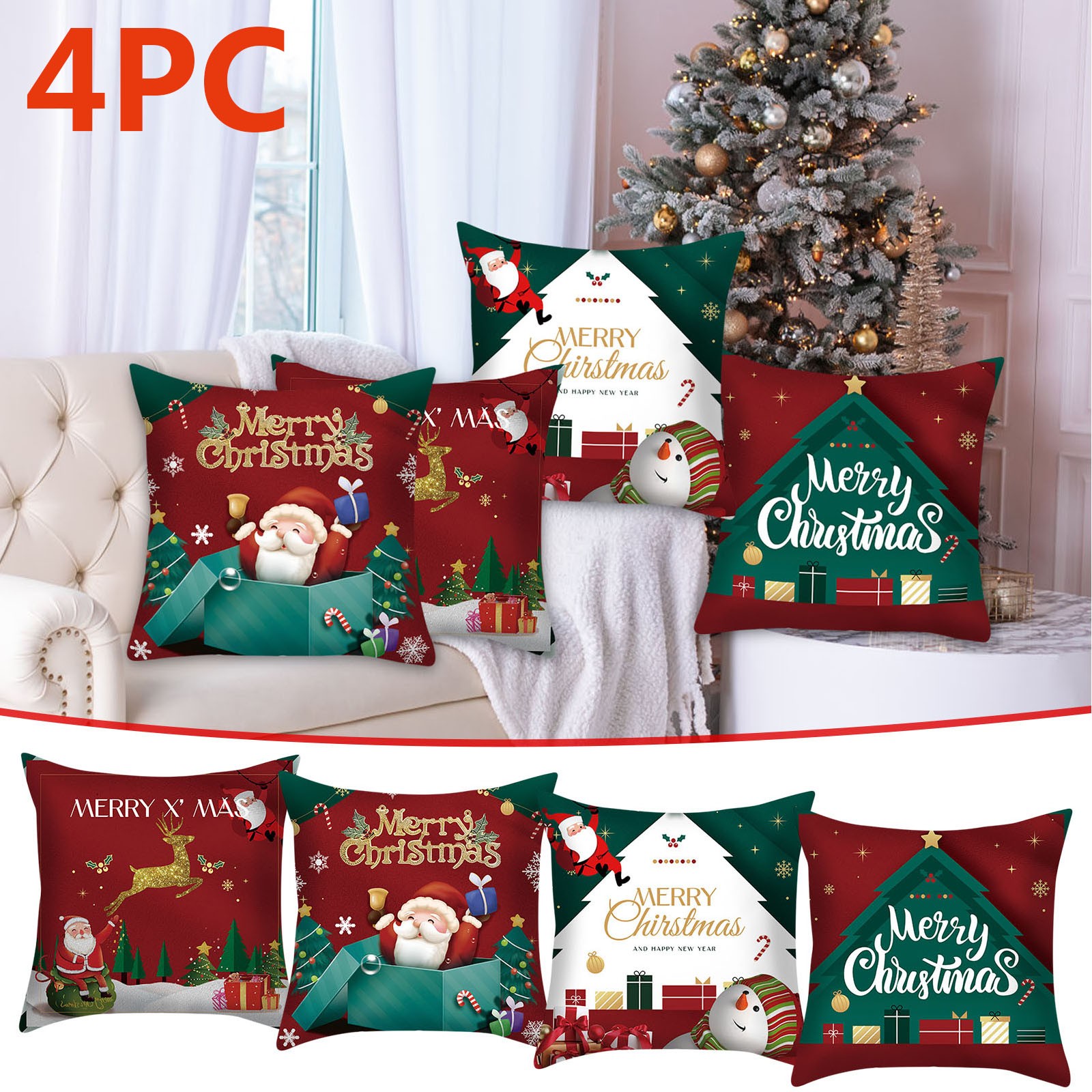 Holloyiver Christmas Pillow Covers 18x18 Set of 4 Red Green Xmas