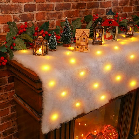 Holloyiver Christmas Snow Blanket with LED Light, Christmas Table Blanket Fake Snow Table Runner, White Non Woven Fabric Snow Blanket for Christmas Village Table Decor (18 x 70 Inch)