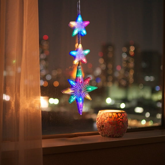 Holloyiver Christmas Window Lights Decorations, Battery Powered Christmas Window Hanging Multicolor Lighted Tree Bell Star Shaped LED Sucker Lamp for Xmas Tree Window Indoor Outdoor Decor