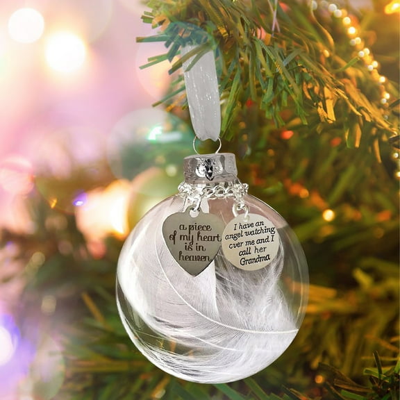 Holloyiver Clear Christmas Memorial Ornament Feather Ball, A Piece of My Heart is in Heaven, Christmas Tree Memorial Hanging Pendant Gift for Mom, Dad, Son, Daughter, Sister etc 3.15''/80 mm