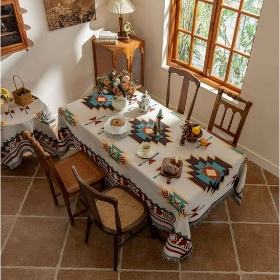 Holloyiver Cotton Linen Tablecloth with Tassel, Bohemian Mexican Tablecloths for Rectangle Tables, Vintage Sofa Cover Blanket, Boho Style Table Cloth for Dining Picnic Home Holiday Party