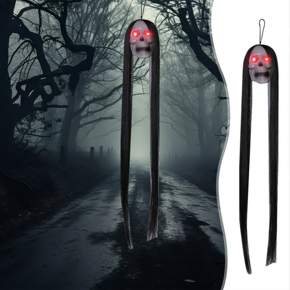 Holloyiver Creepy Hanging Ghost, 19.7 Inch Long Hair Light up Eyes Skull Heads, Scary Spooky Skull Head Haunted Horror Prop for Indoor Outdoor Halloween Decorations
