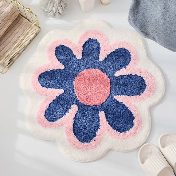 Holloyiver Cute Bath Mat, Soft Superfine Fiber Flower Bath Mat, 23.6 Inch Non Slip Water Absorbent Rug Bath Door Mats Rugs for Entrance Bedroom Kitchen Bathroom Toilet Floors (Blue)
